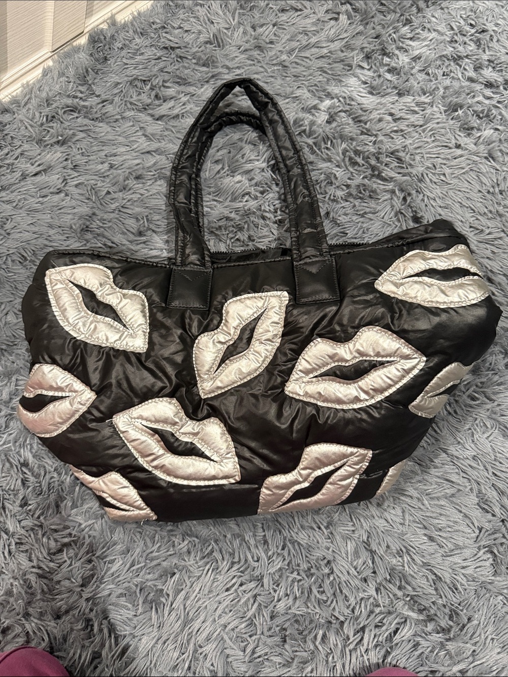Wildfox Black Quilted Tote Bag with Silver Lip Appliqués
